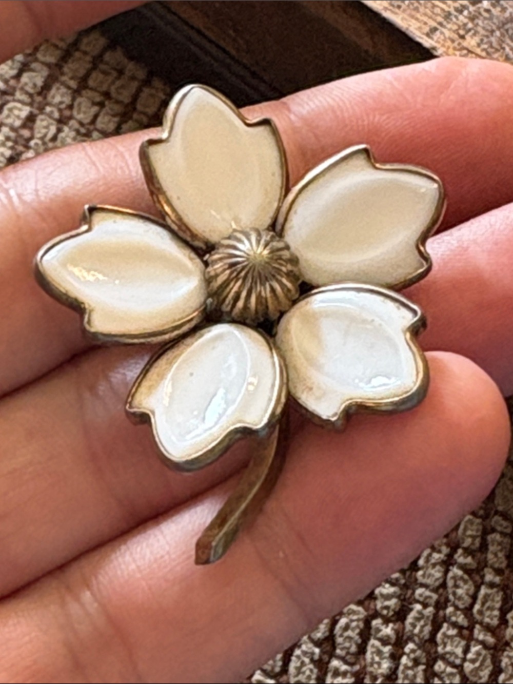 Vintage Signed TRIFARI White Enamel Flower Brooch - Women Accessories